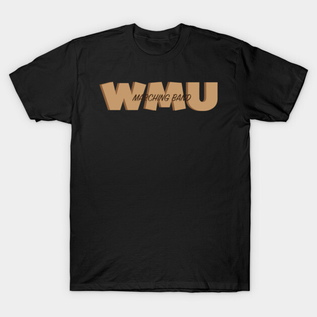 Black T-shirt with "WMU Marching Band" logo in tan, casual style, perfect for music enthusiasts and band members.