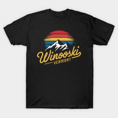 Black t-shirt with mountain and sunset graphic, "Winooski Vermont" text. Casual style, perfect for outdoor enthusiasts.