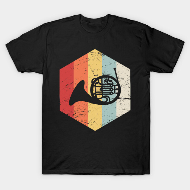 Black t-shirt with a retro hexagon design featuring a French horn silhouette on a multicolor striped background.