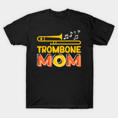 Black "Trombone Mom" T-shirt with musical notes design, ideal for music enthusiasts. Casual cotton tee for daily wear.