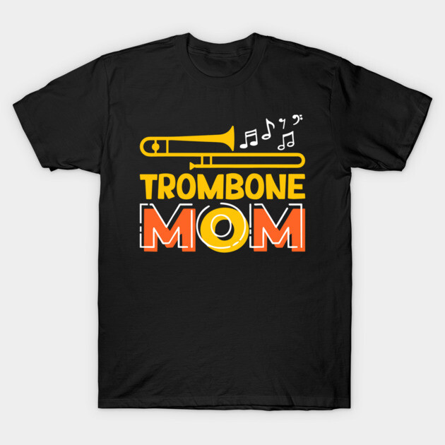 Black "Trombone Mom" T-shirt with musical notes design, ideal for music enthusiasts. Casual cotton tee for daily wear.
