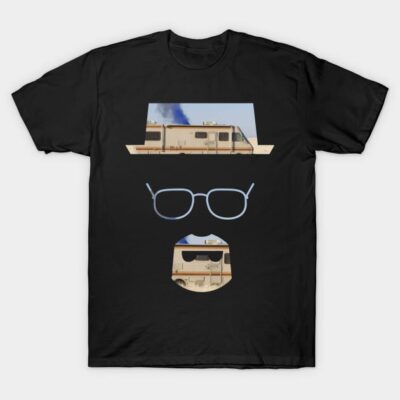 Black graphic t-shirt with RV, glasses, and hat design, casual wear, cotton material, unisex style.