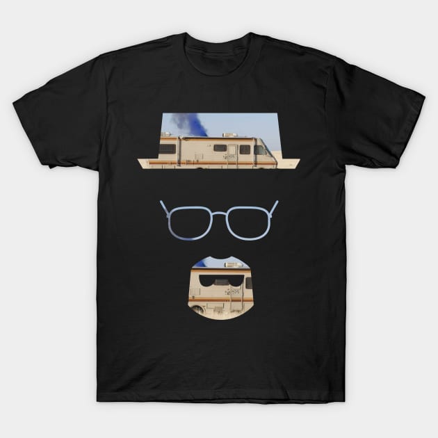 Black graphic t-shirt with RV, glasses, and hat design, casual wear, cotton material, unisex style.