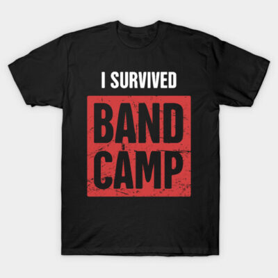 Black "I Survived Band Camp" t-shirt with bold red and white text, casual style, cotton material.