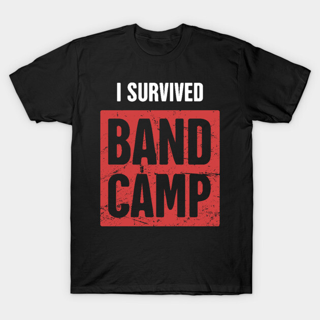 Black "I Survived Band Camp" t-shirt with bold red and white text, casual style, cotton material.