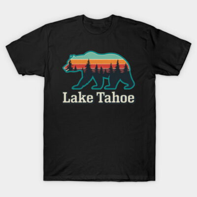 Black Lake Tahoe T-shirt featuring bear and forest silhouette with sunset design, ideal for casual wear.