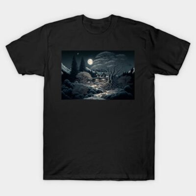 Black t-shirt featuring a serene night landscape graphic with moonlit trees and mountains, perfect for casual wear.