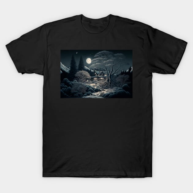 Black t-shirt featuring a serene night landscape graphic with moonlit trees and mountains, perfect for casual wear.
