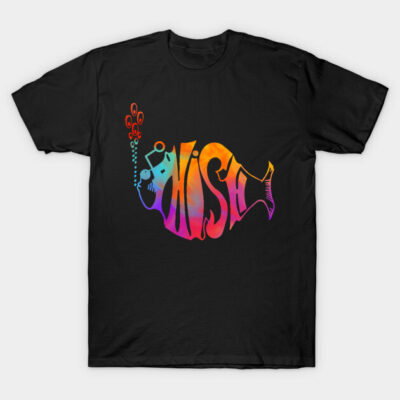 Black t-shirt with colorful fish graphic design, featuring vibrant hues and artistic text style, casual unisex wear.