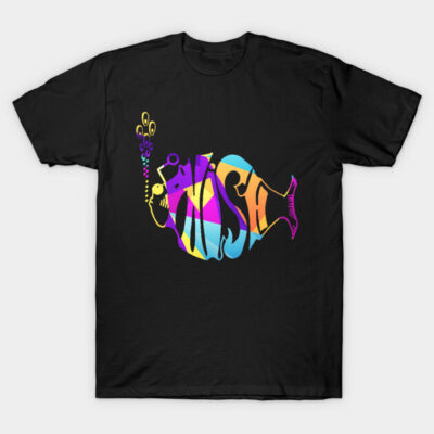 Black graphic t-shirt with colorful fish design, featuring abstract shapes and vibrant hues, casual cotton apparel.