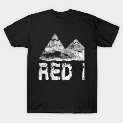 Black graphic T-shirt with mountain design and text, casual style, cotton material, ideal for outdoor enthusiasts.