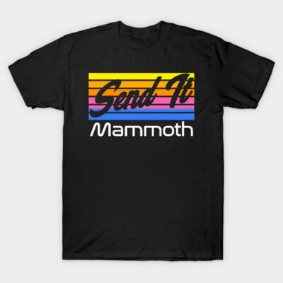 Black T-shirt with colorful retro stripes, "Send It Mammoth" text, casual style, cotton material.