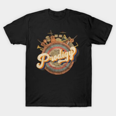 Black T-shirt with "Prodigy" design featuring musical instruments, casual wear, cotton fabric, unisex style.