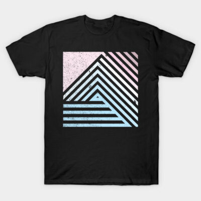 Black t-shirt featuring geometric pastel pink and blue line design, casual style, soft cotton fabric.