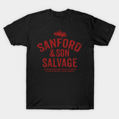 Black vintage-style t-shirt with "Sanford & Son Salvage" red graphic, ideal for casual wear, made from soft cotton.