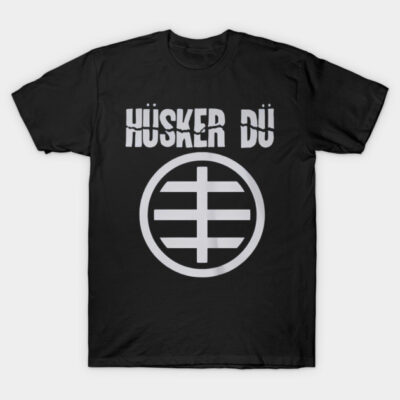 Black Hüsker Dü T-shirt featuring bold white logo design, casual unisex style, perfect for music fans and everyday wear.