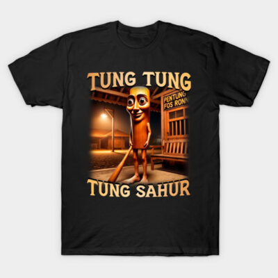 Black graphic T-shirt featuring cartoon character and "Tung Tung Tung Sahur" text, casual wear, cotton material.