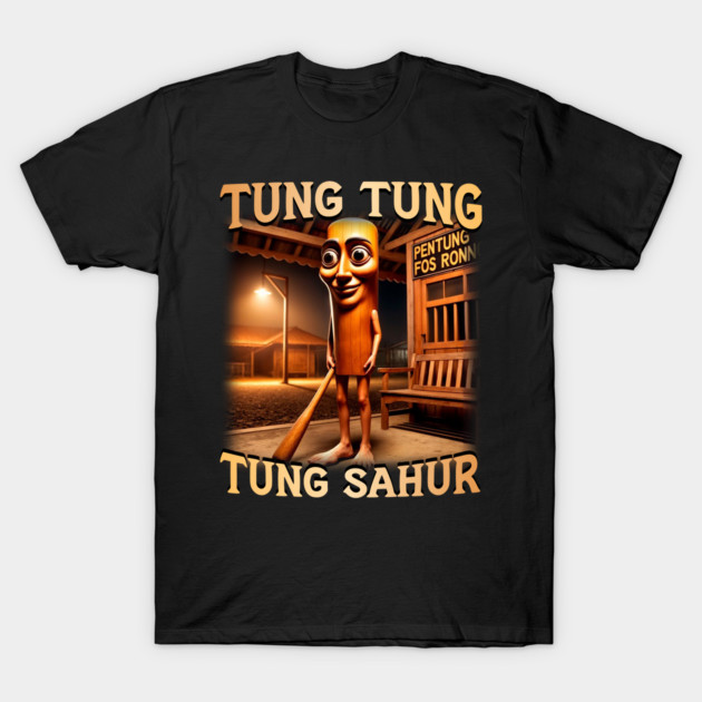 Black graphic T-shirt featuring cartoon character and "Tung Tung Tung Sahur" text, casual wear, cotton material.