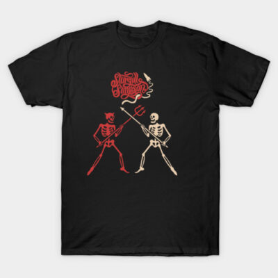 Black t-shirt with red and beige skeleton graphic, cotton material, casual wear, unisex style.
