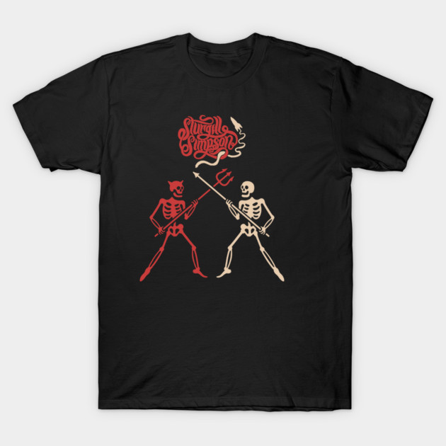 Black t-shirt with red and beige skeleton graphic, cotton material, casual wear, unisex style.