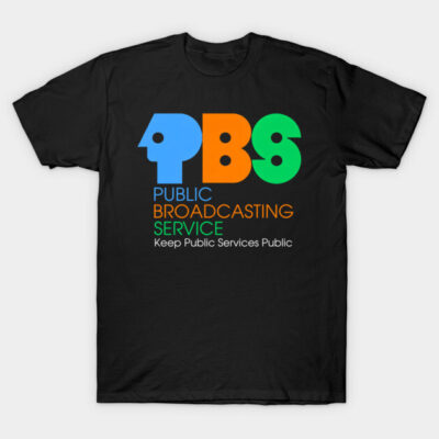 Black T-shirt with colorful PBS logo and text, casual style, perfect for everyday wear, made from soft cotton.