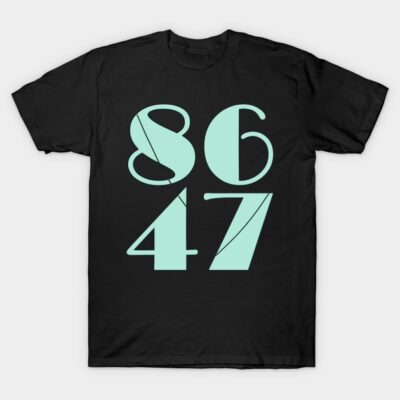 Black t-shirt with large turquoise numbers 86 and 47, casual style, unisex cotton fabric, perfect for everyday wear.