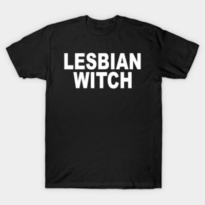 Black cotton T-shirt with bold white text "Lesbian Witch," casual style, unisex fit, perfect for everyday wear.