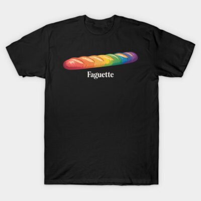 Black t-shirt with rainbow baguette graphic and humorous text, casual style, made from cotton for comfortable wear.