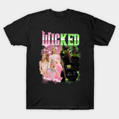 Black "Wicked" themed T-shirt featuring colorful character graphics, perfect for fans of musicals and casual wear.