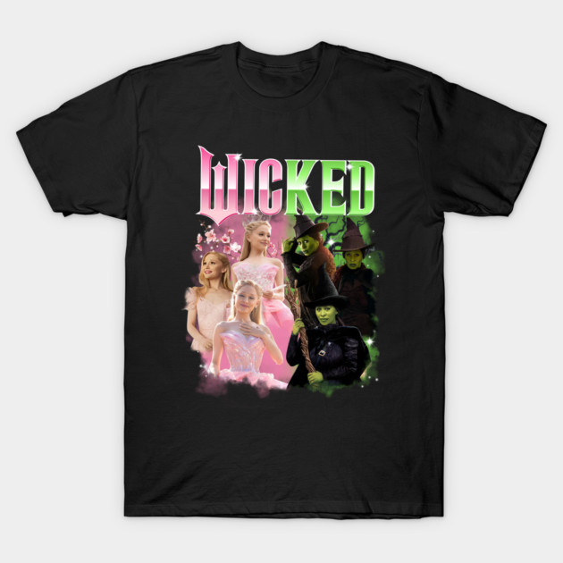 Black "Wicked" themed T-shirt featuring colorful character graphics, perfect for fans of musicals and casual wear.