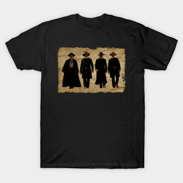 Black T-shirt featuring vintage western scene graphic, casual style, ideal for everyday wear, cotton material.