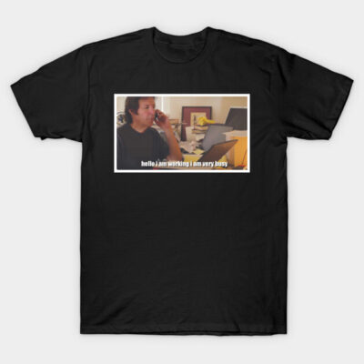 Black novelty t-shirt with humorous work-from-home graphic, casual wear, soft cotton material.
