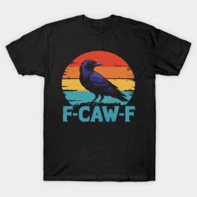 Black t-shirt with colorful raven design, retro sunset background, humorous text, casual wear, cotton material.