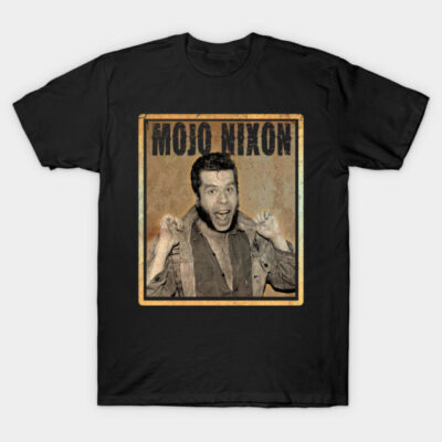 Black graphic t-shirt with vintage-style print, featuring bold text and retro design, casual wear for all seasons.