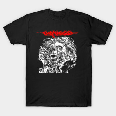 Black graphic t-shirt with horror-themed design, featuring red and white artwork, cotton material, casual wear.