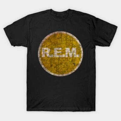 Black vintage-style t-shirt with yellow distressed circle logo design, ideal for casual wear.