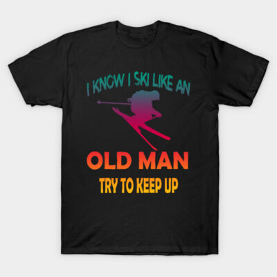 Black ski-themed T-shirt with colorful "I ski like an old man" graphic, perfect for casual winter wear.
