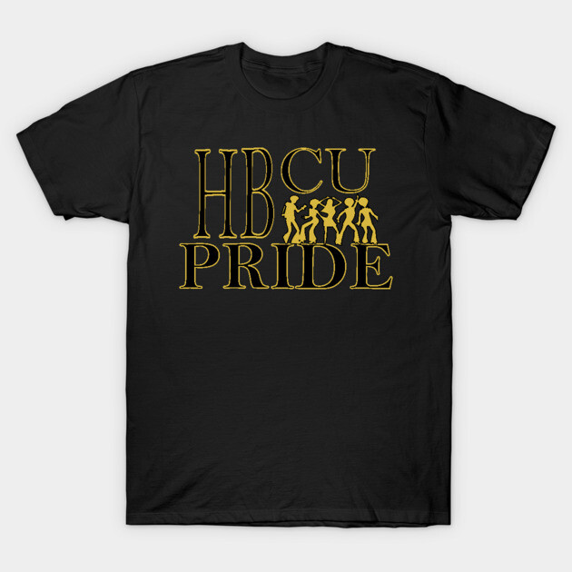 Black "HBCU Pride" T-shirt with yellow text and silhouette design, casual wear, 100% cotton, unisex style.