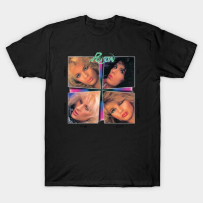 Black graphic t-shirt with colorful retro design, featuring four square images and text, ideal for casual wear.