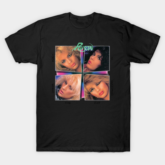 Black graphic t-shirt with colorful retro design, featuring four square images and text, ideal for casual wear.