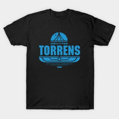 Black t-shirt with blue "Torrens" logo, casual style, ideal for sci-fi fans, made of 100% cotton.
