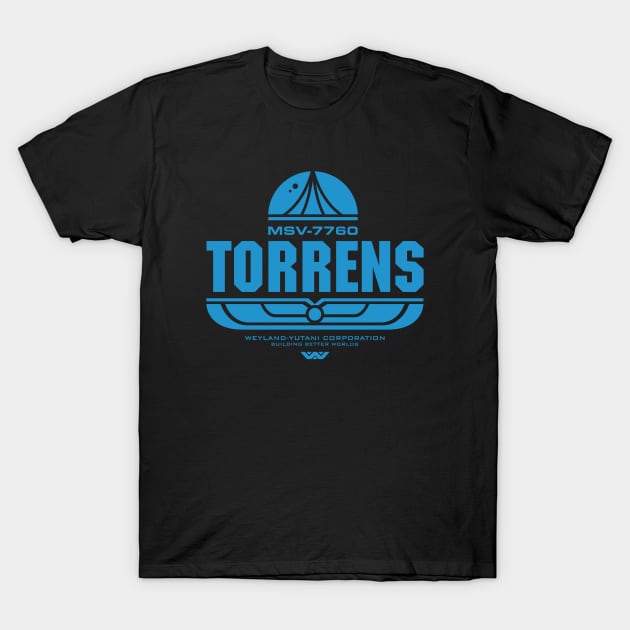 Black t-shirt with blue "Torrens" logo, casual style, ideal for sci-fi fans, made of 100% cotton.