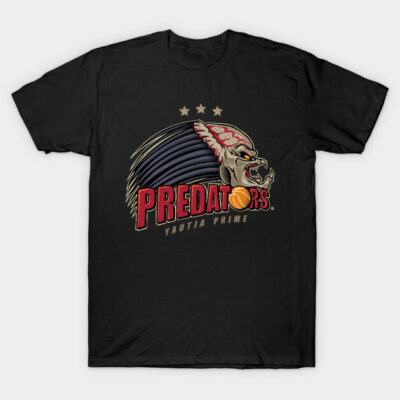 Black t-shirt with "Predators" graphic design, featuring bold red lettering and detailed illustration, casual style.