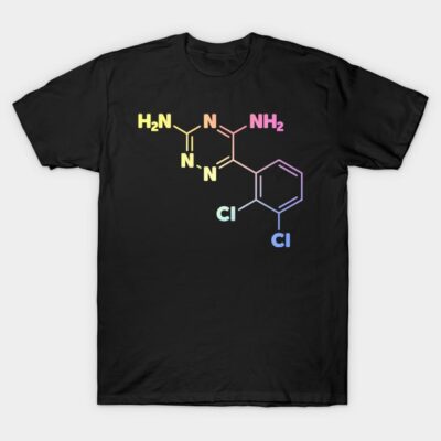 Black T-shirt with colorful chemical structure design, casual wear, soft cotton material, unisex style, graphic tee.