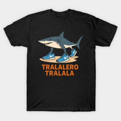 Black t-shirt with cartoon shark wearing blue sneakers, text "Tralalero Tralala"; casual, fun graphic tee.