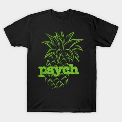 Black T-shirt with green pineapple and "psych" design, casual style, cotton material, unisex.