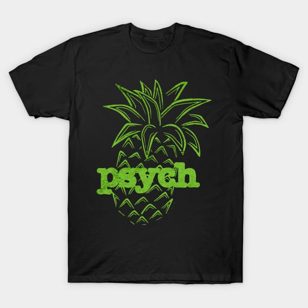 Black T-shirt with green pineapple and "psych" design, casual style, cotton material, unisex.