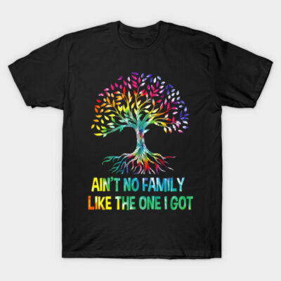 Black T-shirt with colorful tree and "Ain't No Family Like The One I Got" text, casual wear, cotton material.