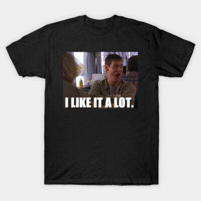 Black graphic t-shirt featuring humorous meme text "I Like It A Lot," casual style cotton material.