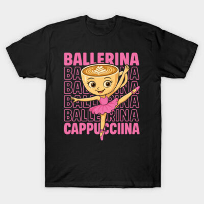 Black T-shirt with cartoon cappuccino ballerina design, pink text "Ballerina Cappuccino," playful and stylish.